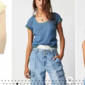 Free People Garner Tee Women’s XS Floral Babydoll Blouse Shirt Top Blue Green